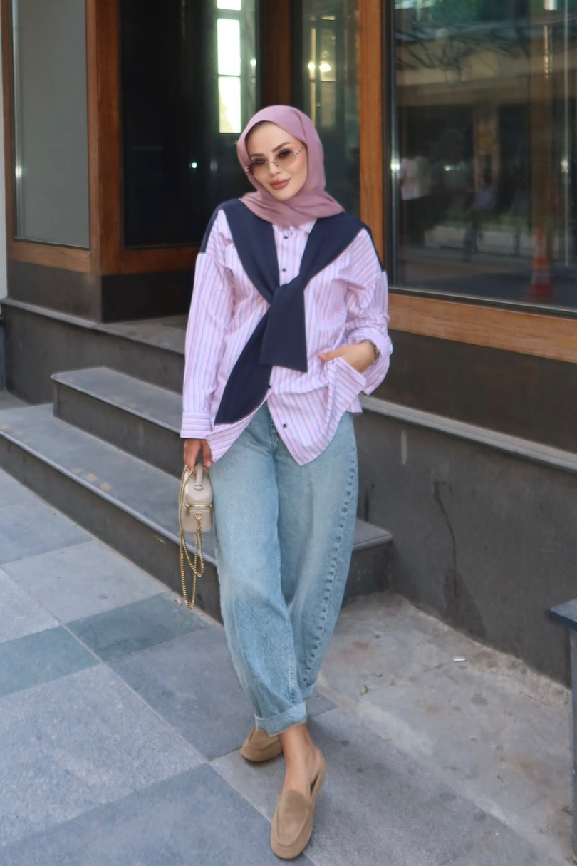 Sweat Detaylı Çizgili Gömlek Pembe
