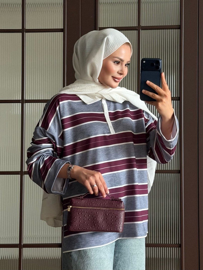 Polo Yaka Çizgili Sweat Gri