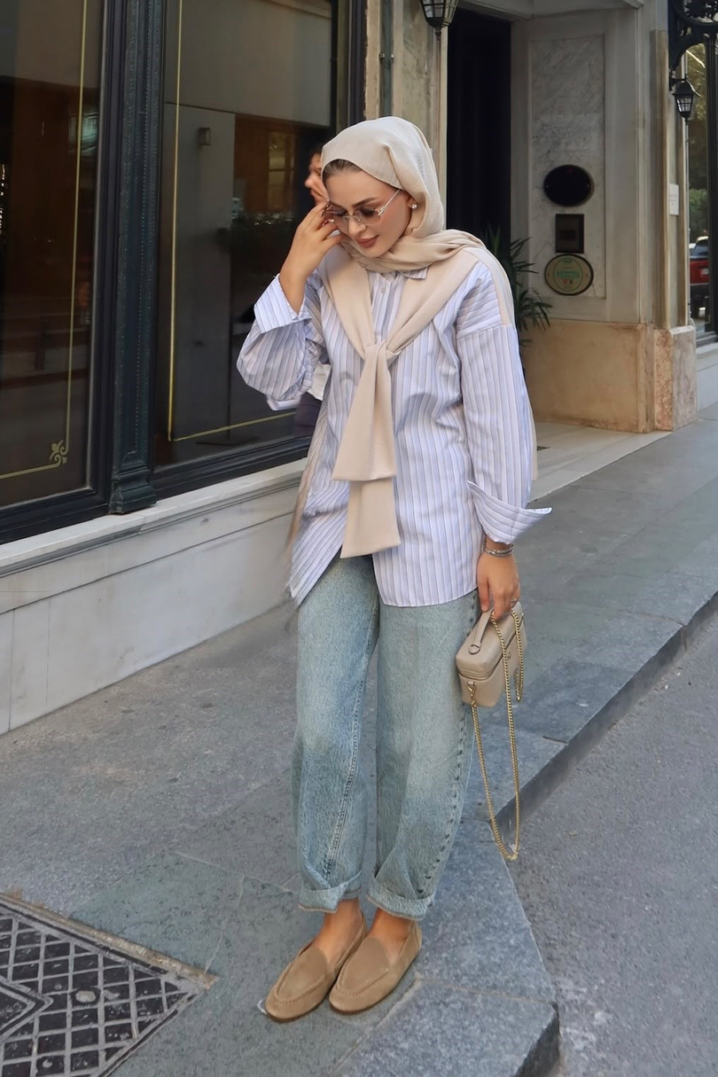 Sweat Detaylı Çizgili Gömlek Bej