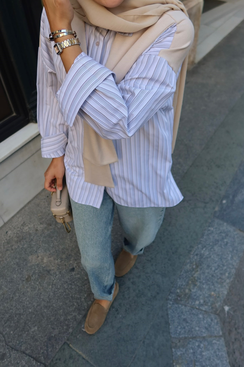 Sweat Detaylı Çizgili Gömlek Bej