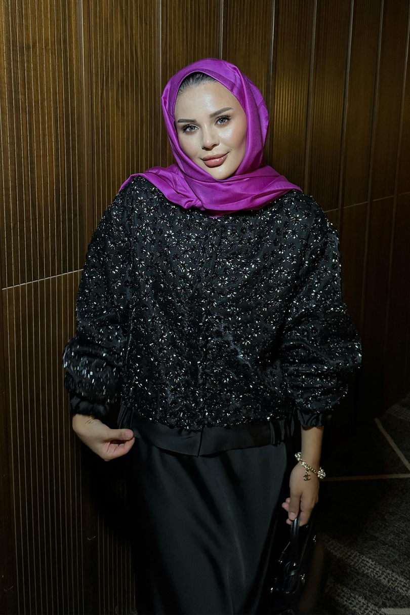 Aura Payetli Saten Ceket Siyah
