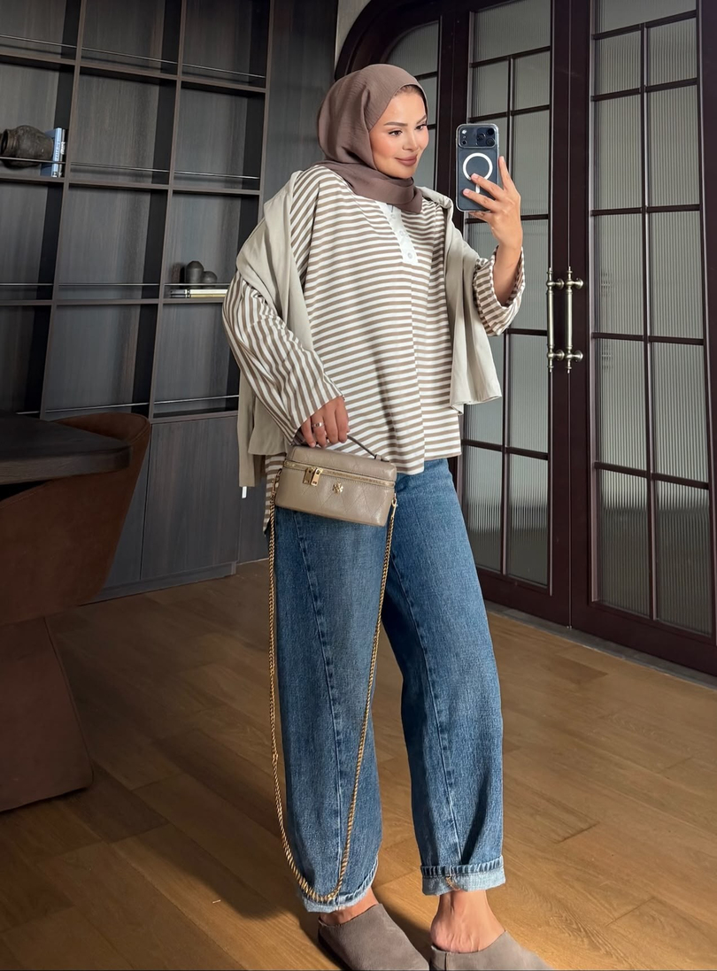 Çizgili Pamuk Body Kahve