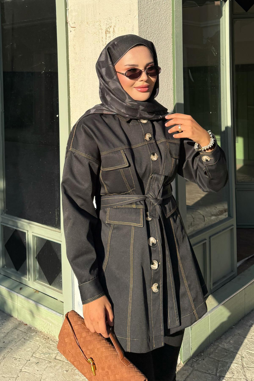 Dikiş Detaylı Belden Oturtmalı Alya Ceket Siyah