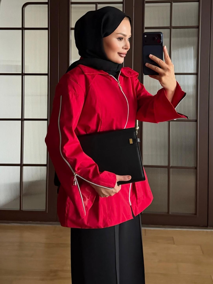 Fermuar Detaylı Trençkot Kırmızı