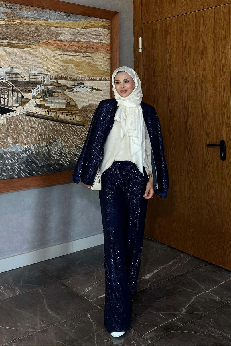Pul Payetli Palazzo Kesim Bloom Pantolon Lacivert