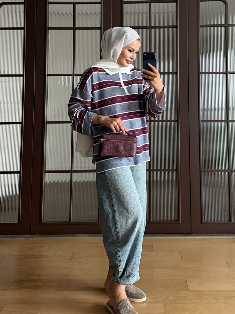 Polo Yaka Çizgili Sweat Gri