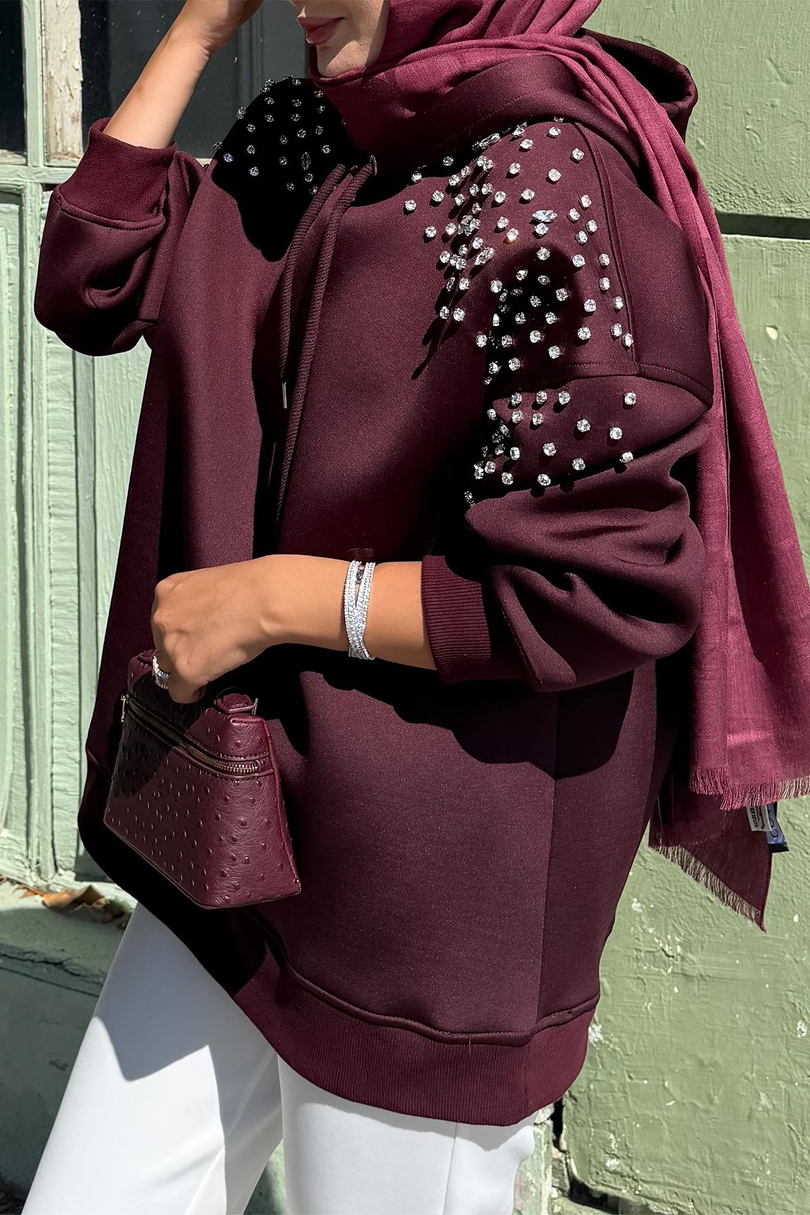 Taş Detaylı Kapişonlu Mabel Scuba Sweat Bordo