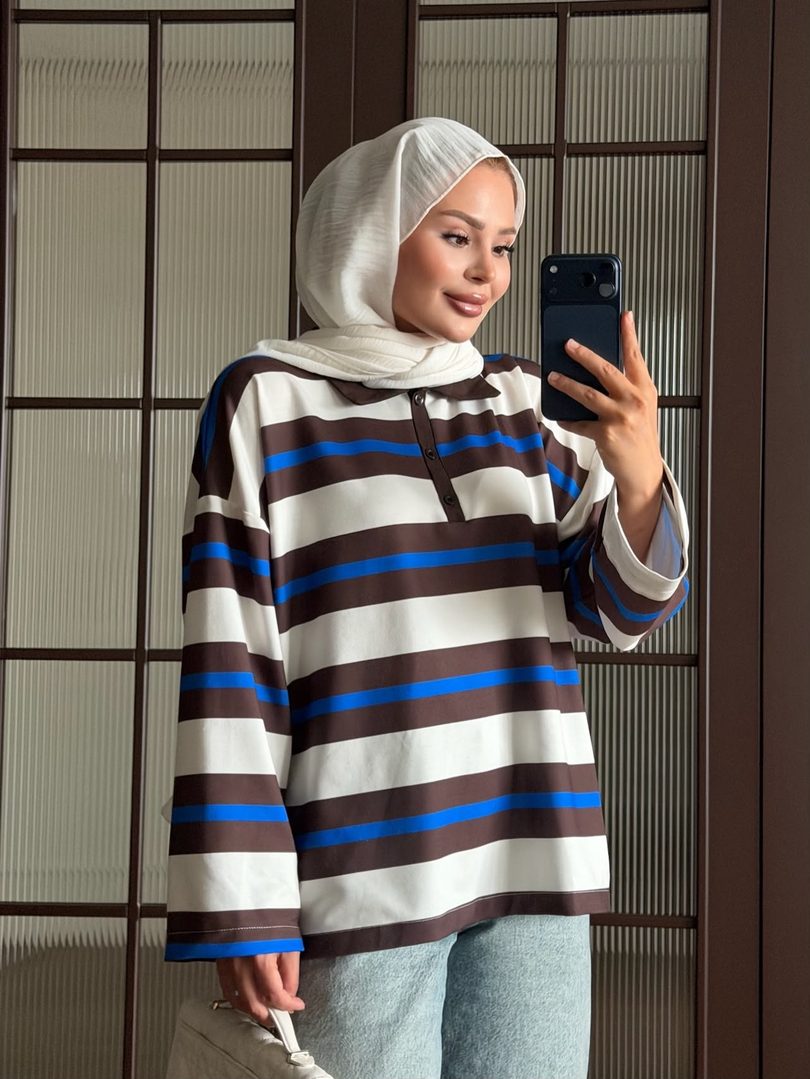 Polo Yaka Çizgili Sweat Saks