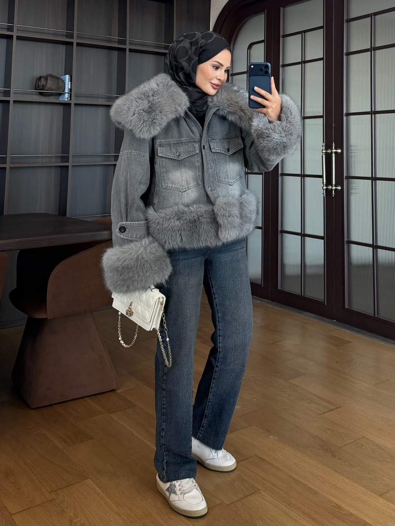 İthal Kürklü Denim Ceket