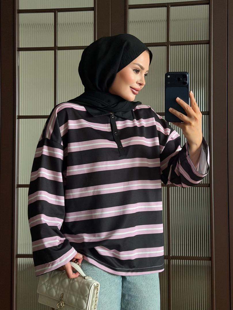Polo Yaka Çizgili Sweat Pembe