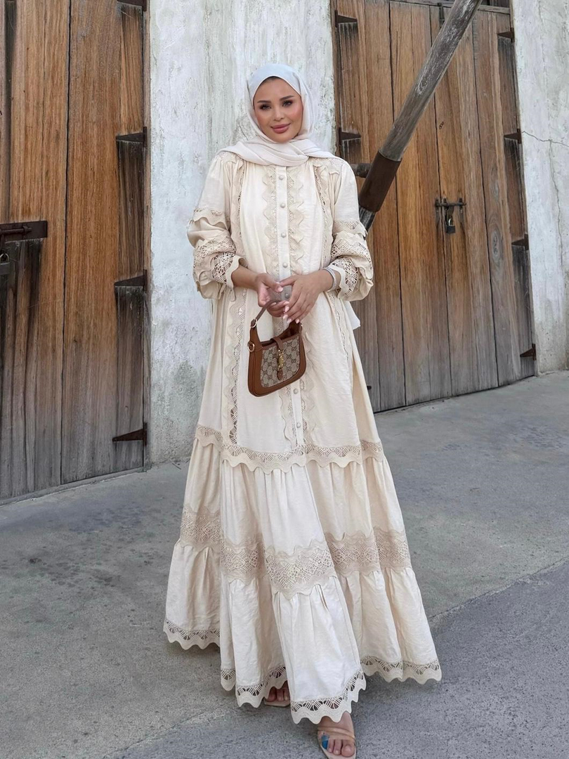 İthal Dantelli Elbise Bej 