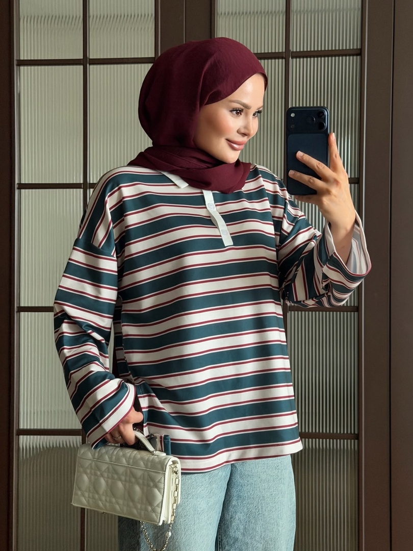 Polo Yaka Çizgili Sweat Petrol