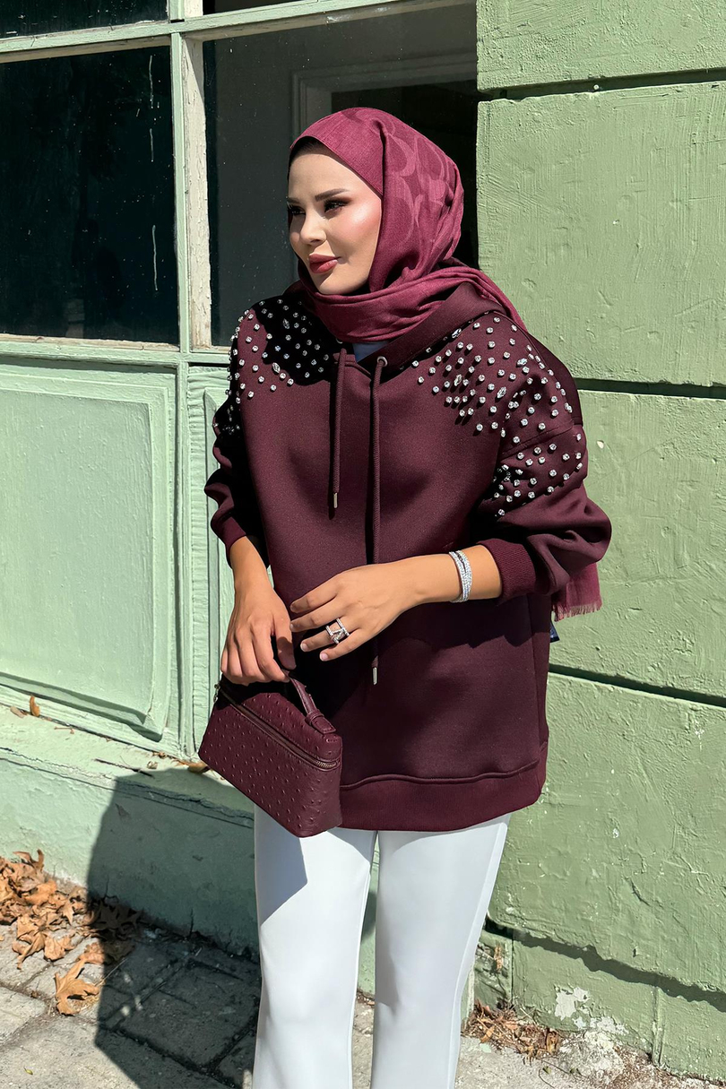 Taş Detaylı Kapişonlu Mabel Scuba Sweat Bordo