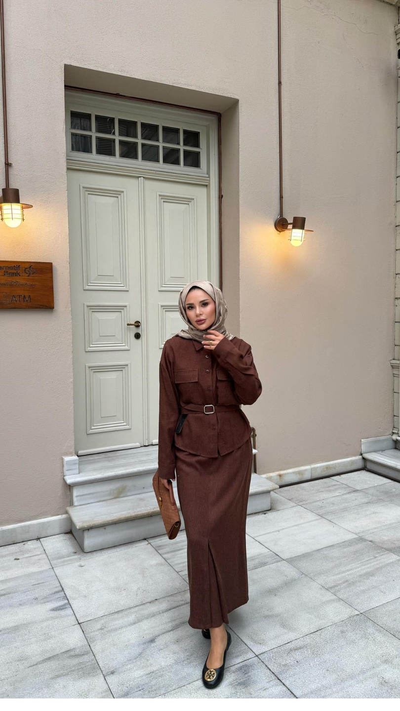 Oduncu Kumaş Gömlekli Etekli Takım Kahve