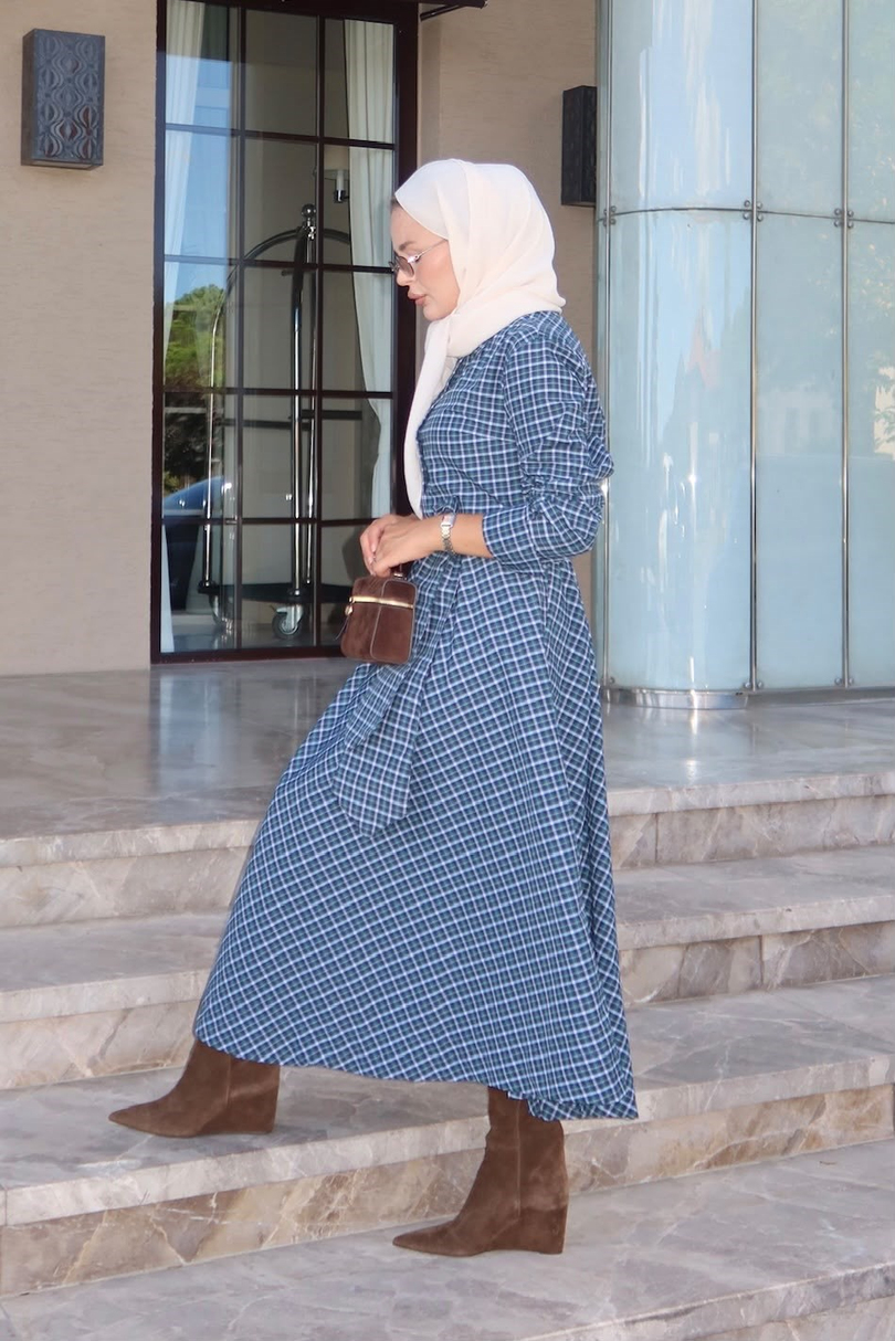 Ekose Desenli Elbise Yeşil Mavi