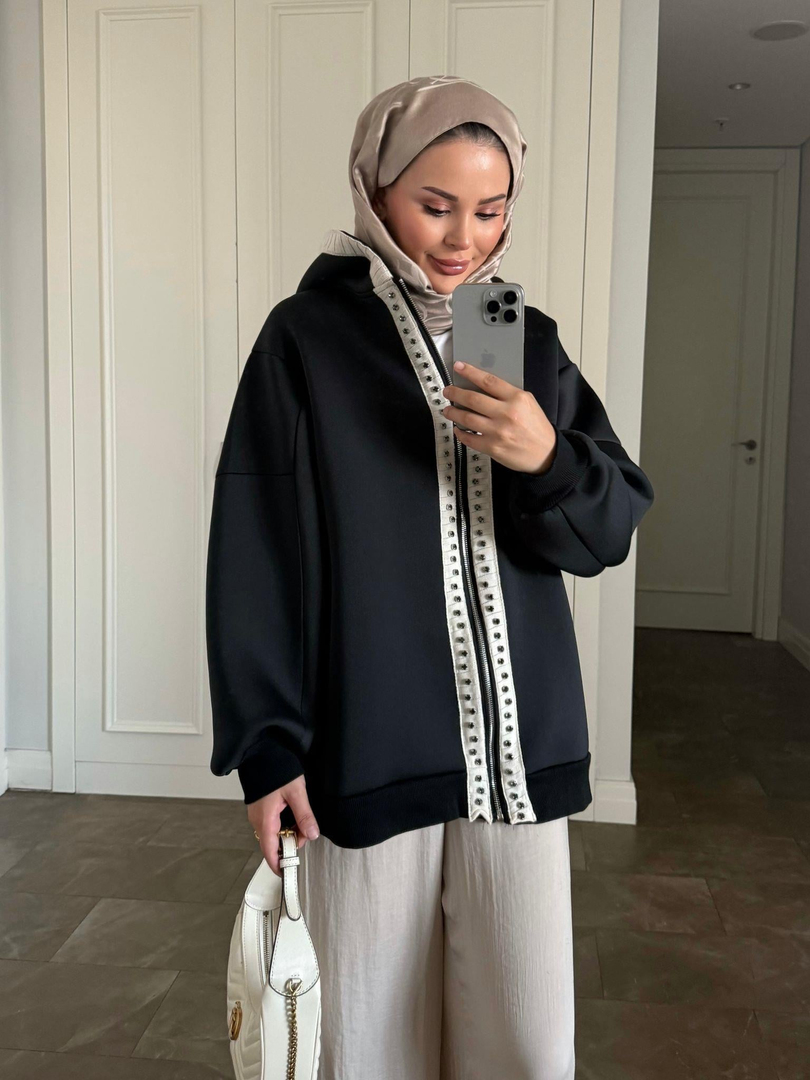Taşlı Puf Sweat Siyah
