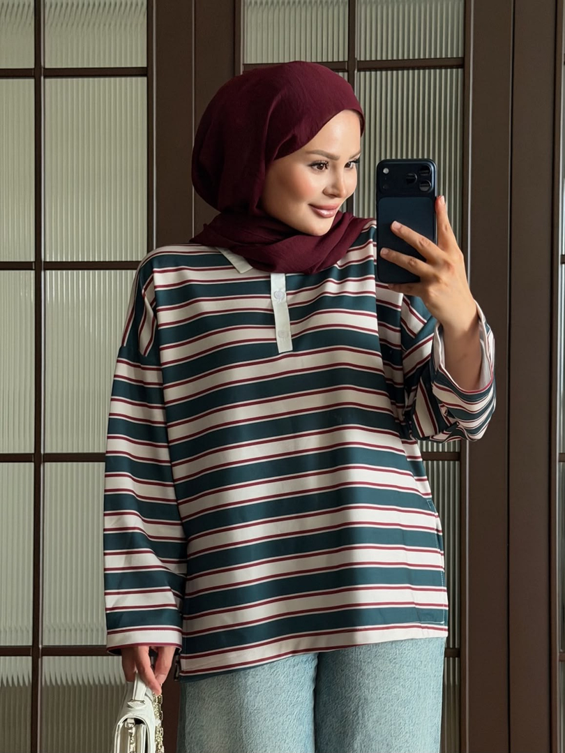 Polo Yaka Çizgili Sweat Petrol