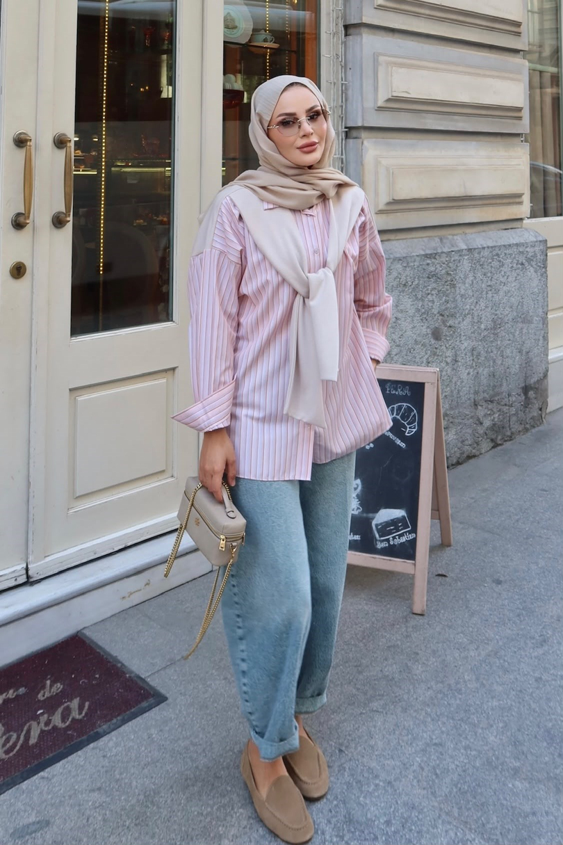 Sweat Detaylı Çizgili Gömlek Turuncu