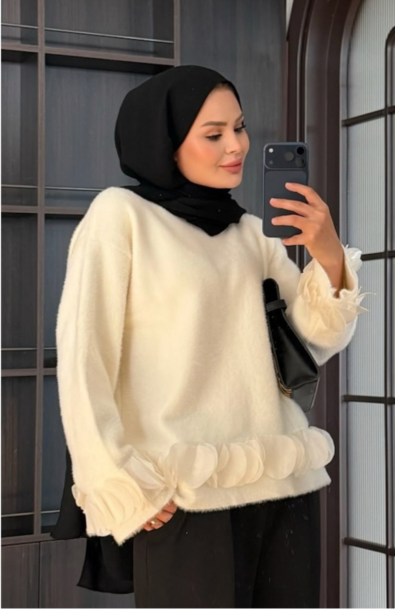 Yapraklı Angora Kazak Ekru