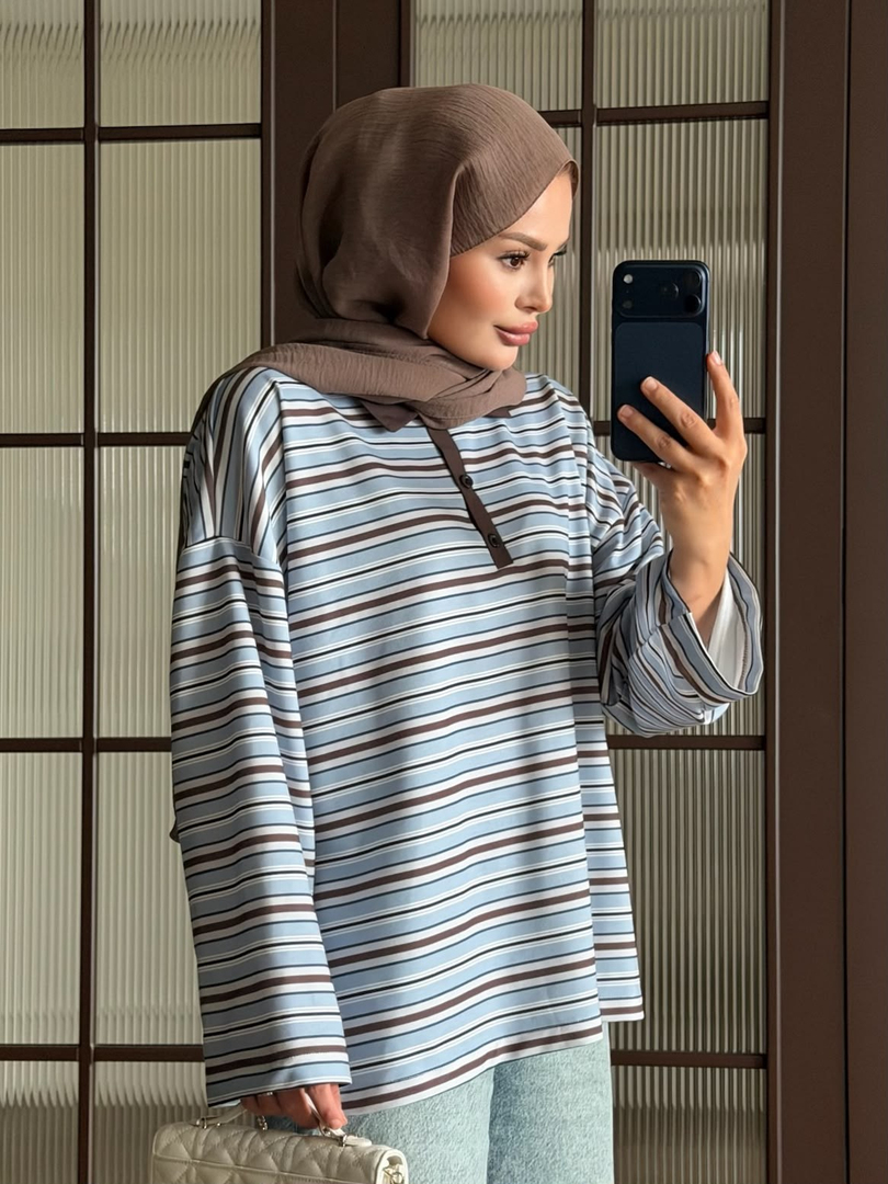 Polo Yaka Çizgili Sweat Bebe Mavisi
