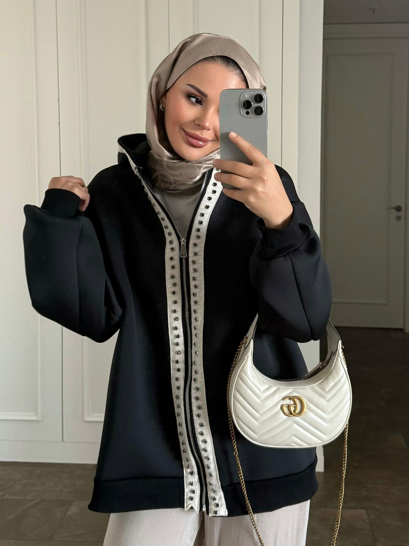 Taşlı Puf Sweat Siyah