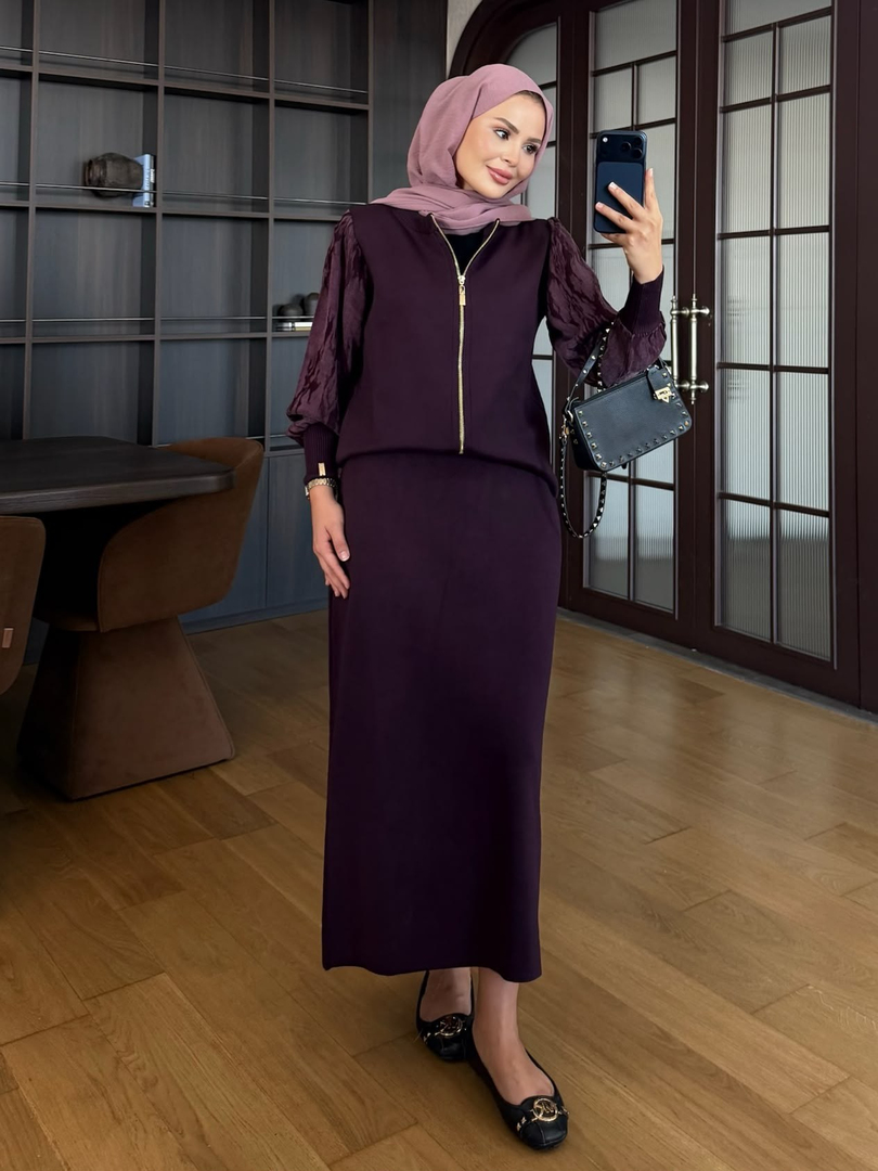 Kolu Jakarlı Triko Takım Mürdüm