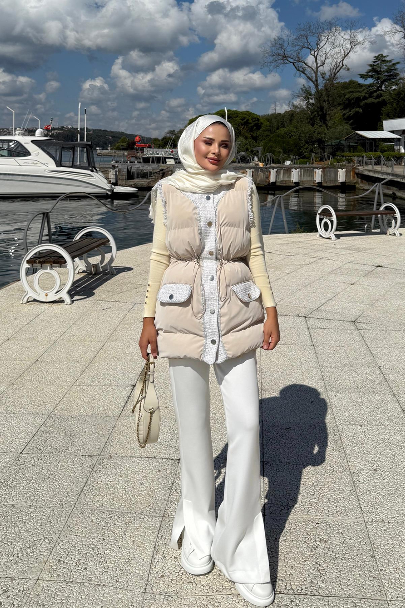 Paçası Yırtmaçlı Scuba Pantolon Beyaz