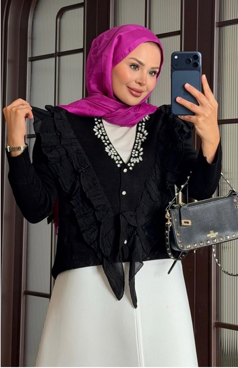 Taş Detaylı Triko Hırka Siyah