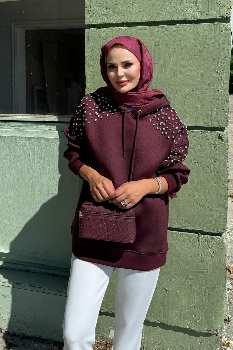 Taş Detaylı Kapişonlu Mabel Scuba Sweat Bordo