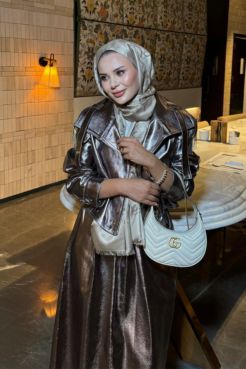 Omzu Taş Detaylı Metalik Azalea  Etekli Takım Bakır