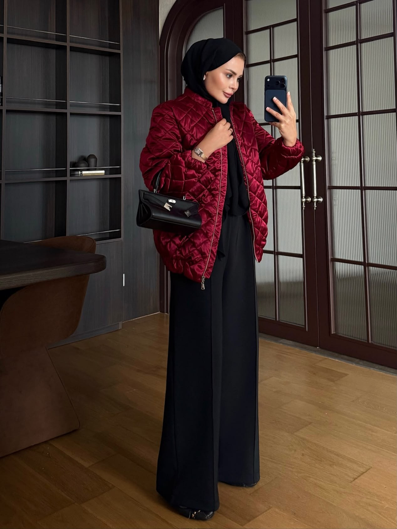 Saten Bomber Ceket Bordo