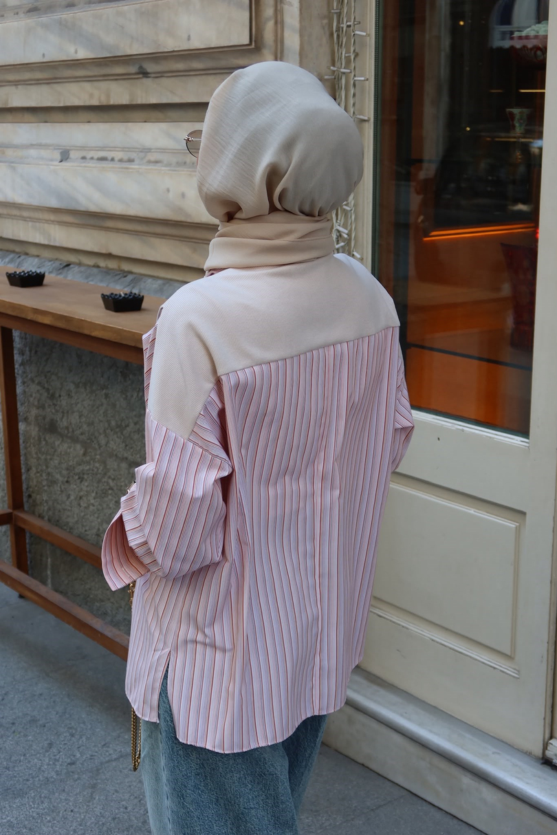 Sweat Detaylı Çizgili Gömlek Turuncu
