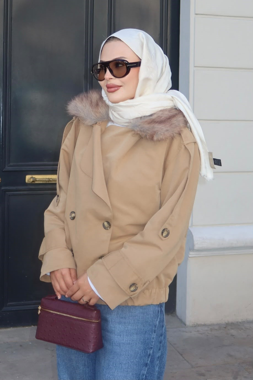Kürk Yakalı Trenç Camel