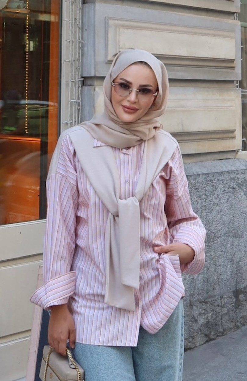 Sweat Detaylı Çizgili Gömlek Turuncu