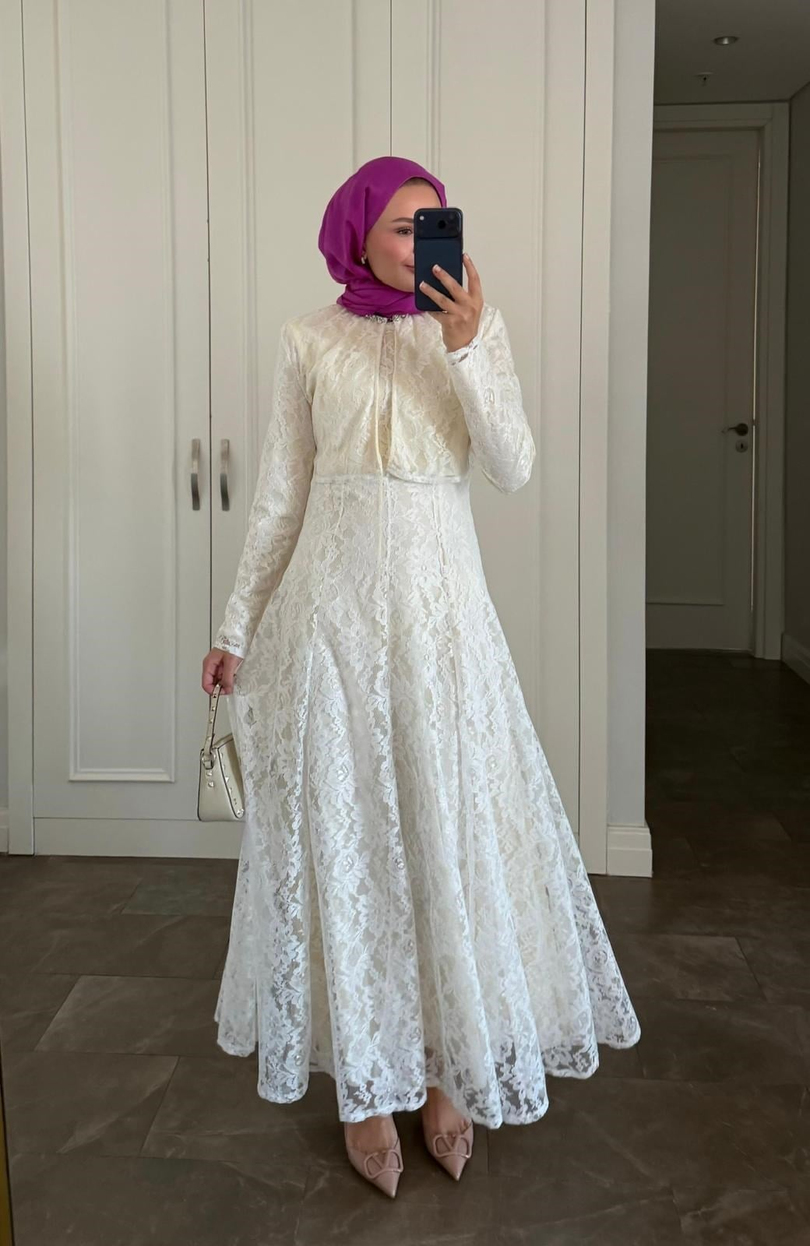 Bolerolu Dantelli Elbise Ekru