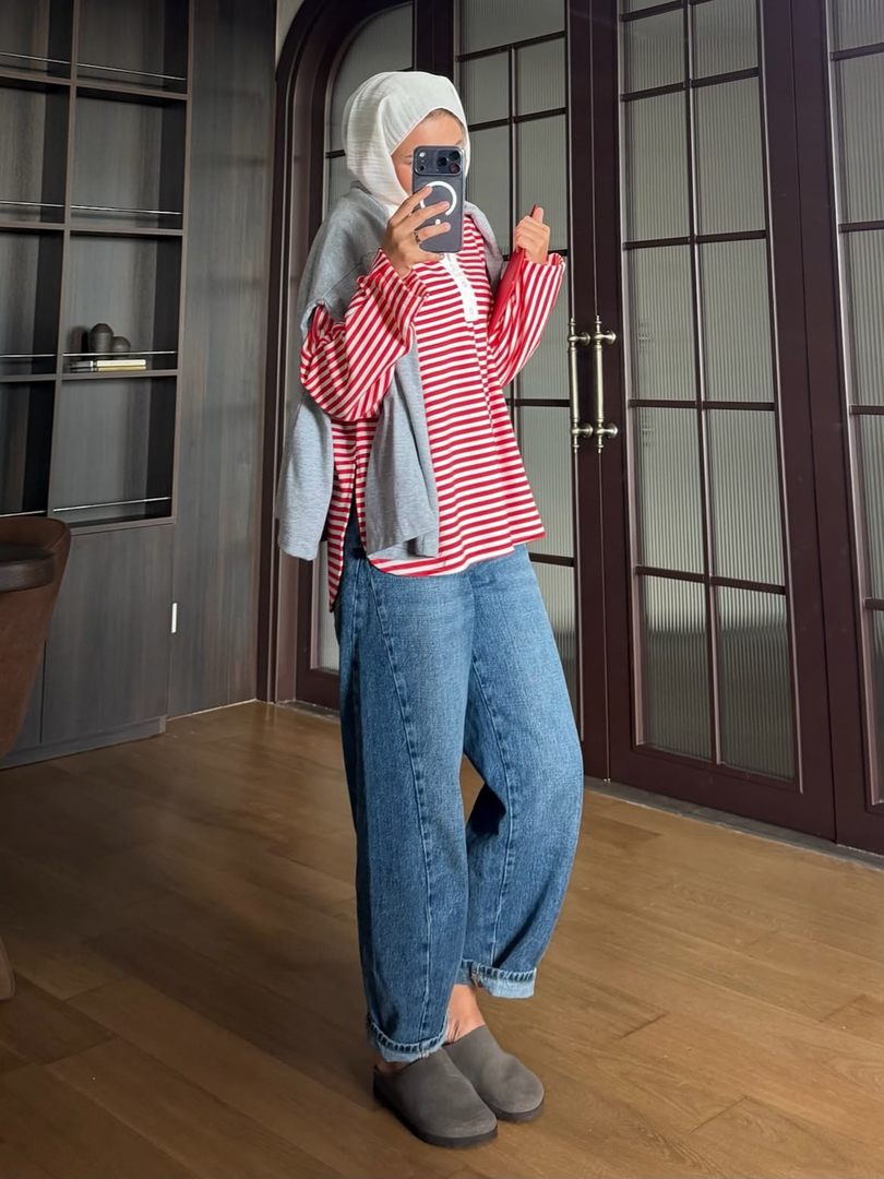 Çizgili Pamuk Body Kırmızı