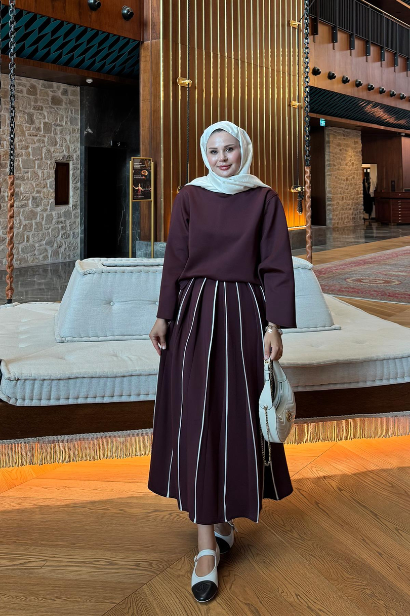 Biye Şerit Detaylı Emma Scuba Etekli Takım Bordo