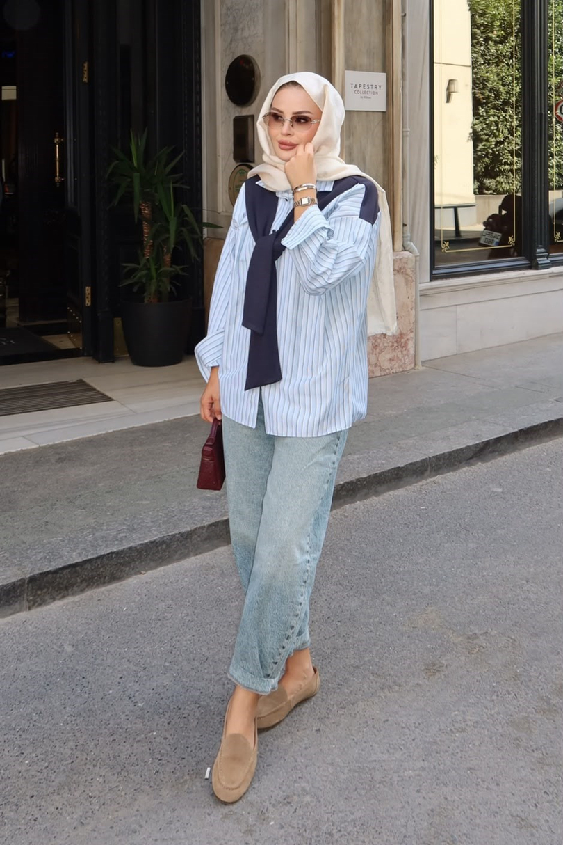 Sweat Detaylı Çizgili Gömlek Yeşil