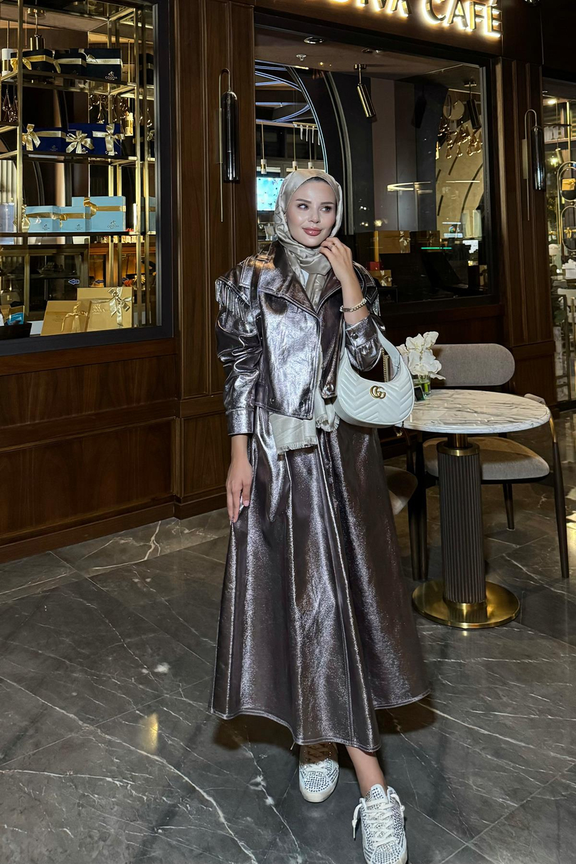 Omzu Taş Detaylı Metalik Azalea  Etekli Takım Bakır