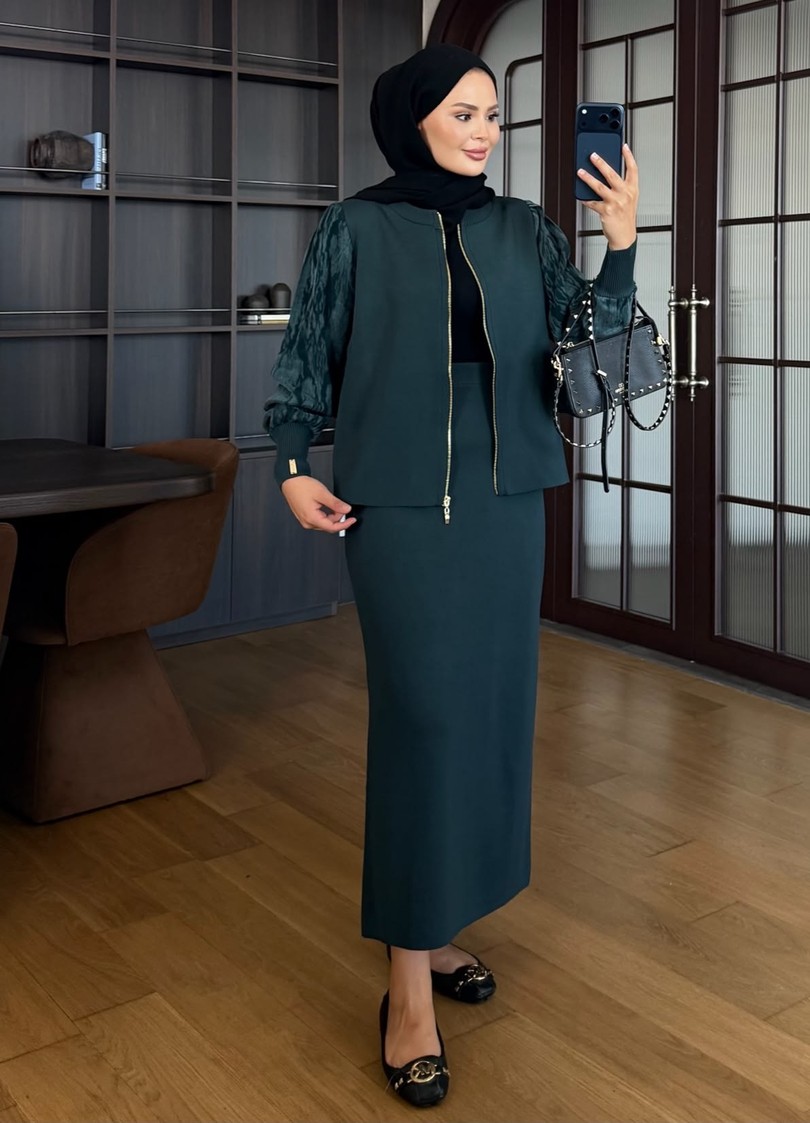 Kolu Jakarlı Triko Takım Haki