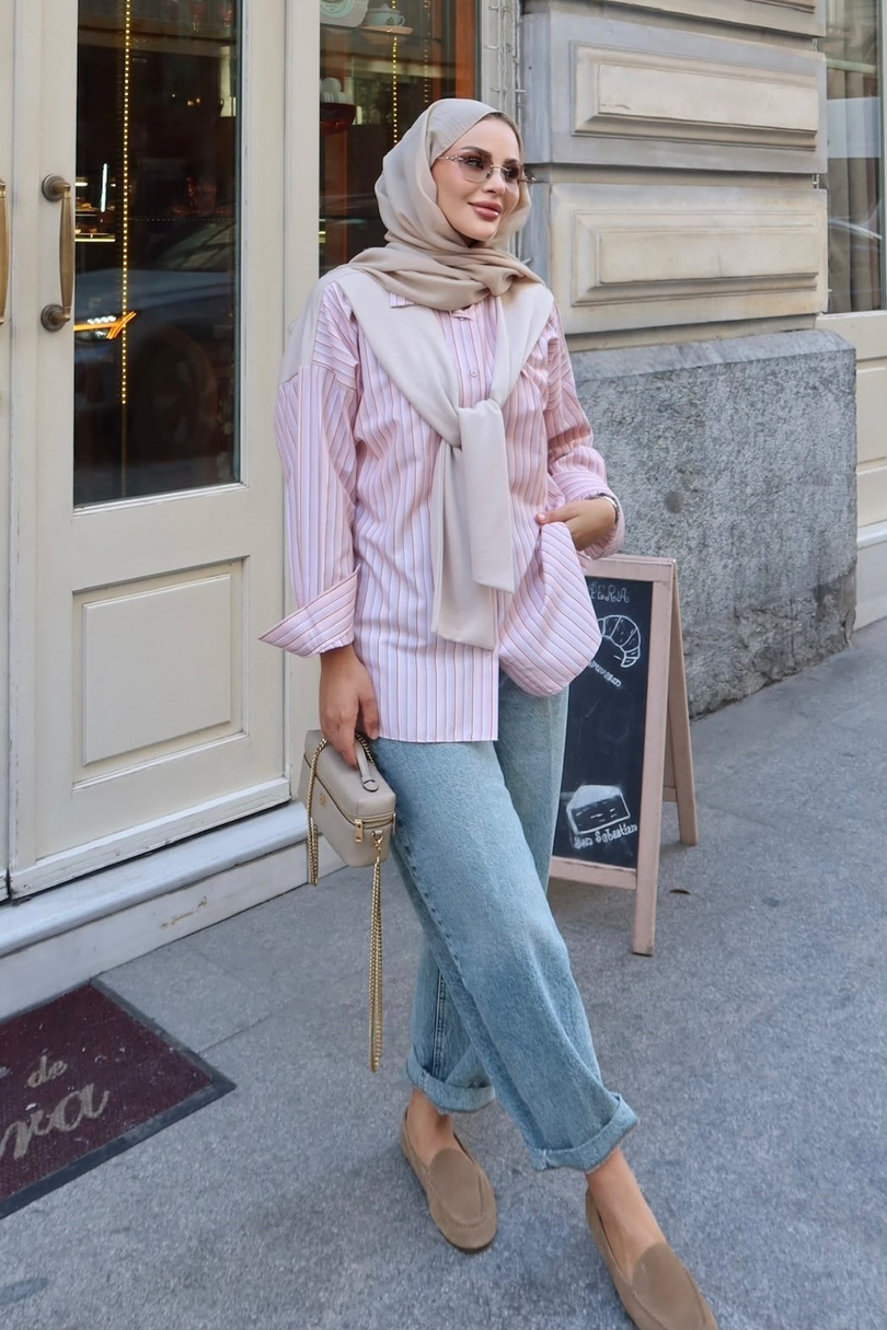 Sweat Detaylı Çizgili Gömlek Turuncu