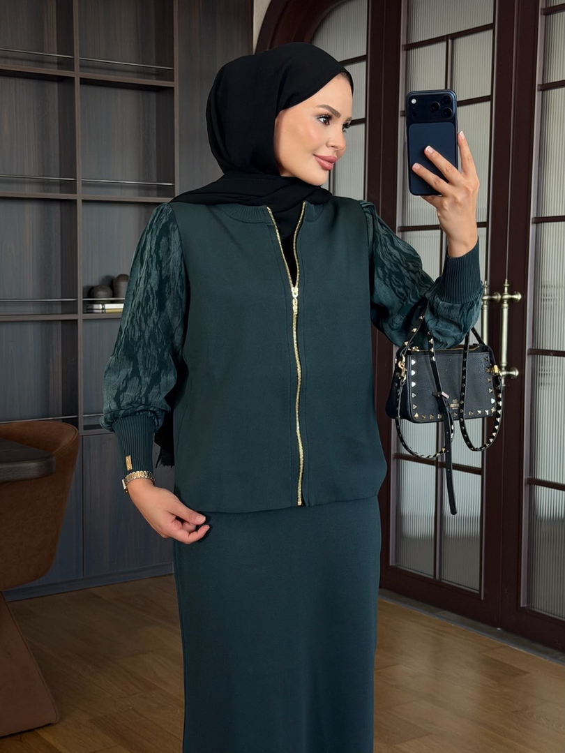 Kolu Jakarlı Triko Takım Haki