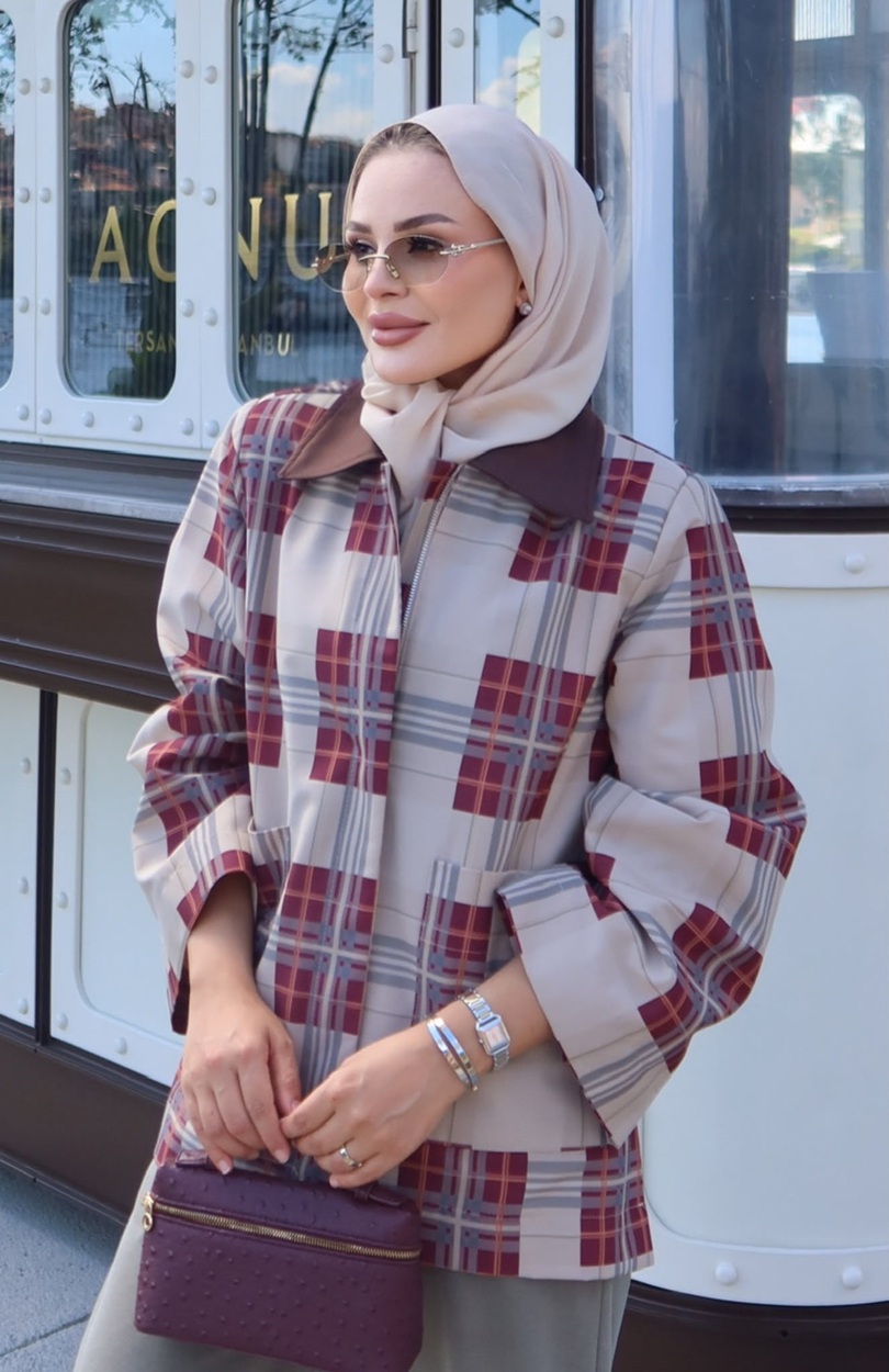 Ekose Desenli Ceket Bordo 