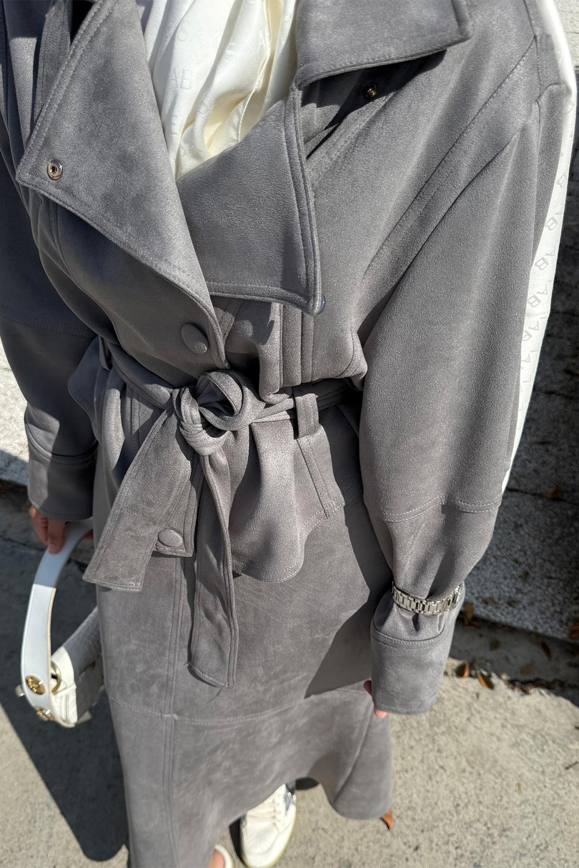Süet Dokulu Bomber Ceketli Mercy  Etekli Takım Gri