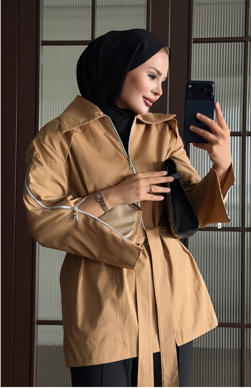 Fermuar Detaylı Trençkot Taba