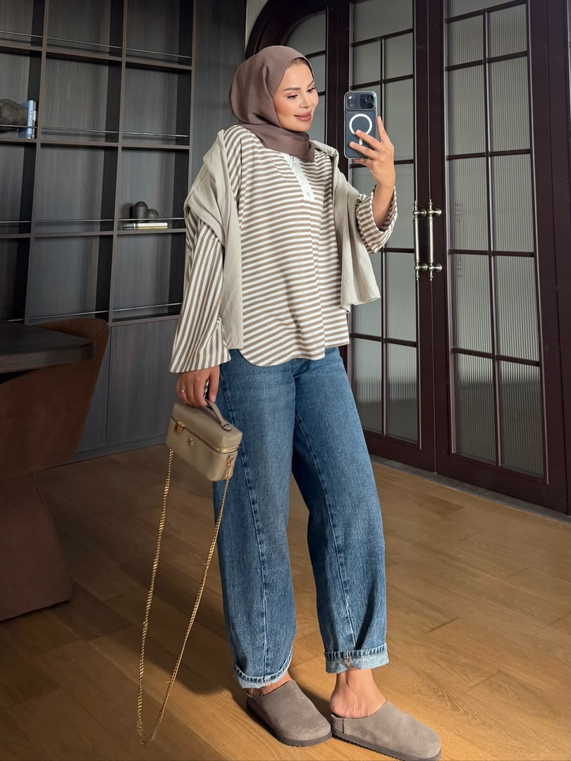 Çizgili Pamuk Body Kahve