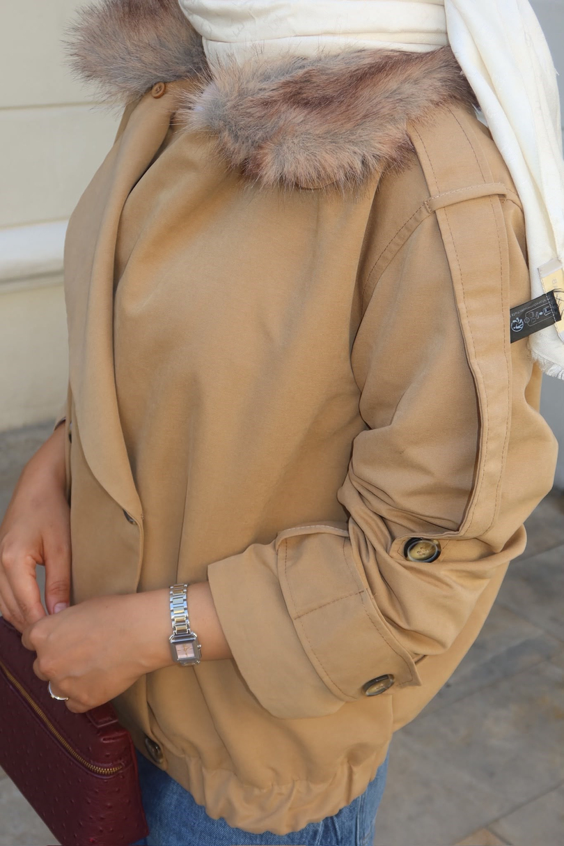 Kürk Yakalı Trenç Camel