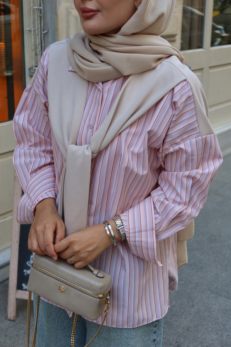 Sweat Detaylı Çizgili Gömlek Turuncu