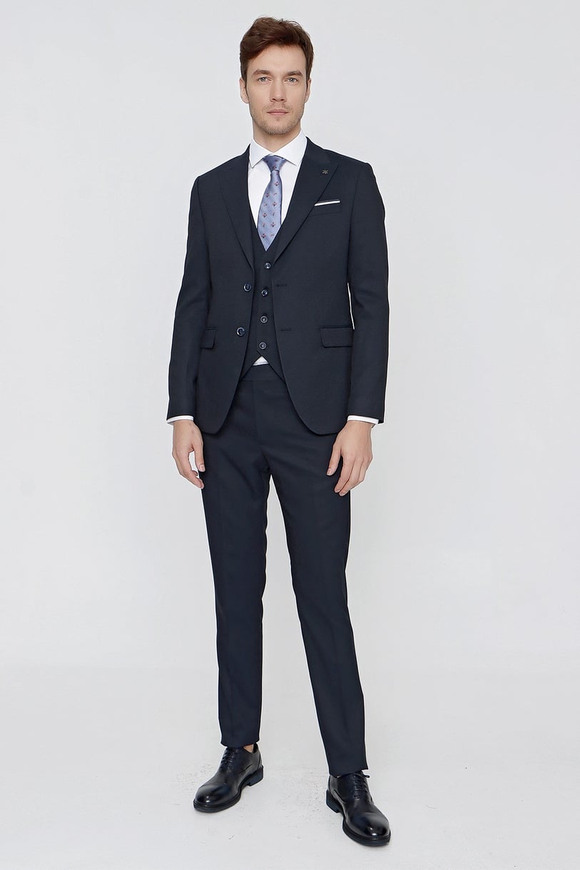 Morven Erkek Lacivert Santos Jakarlı Yelekli Slim Fit Dar Kesim Takım Elbise