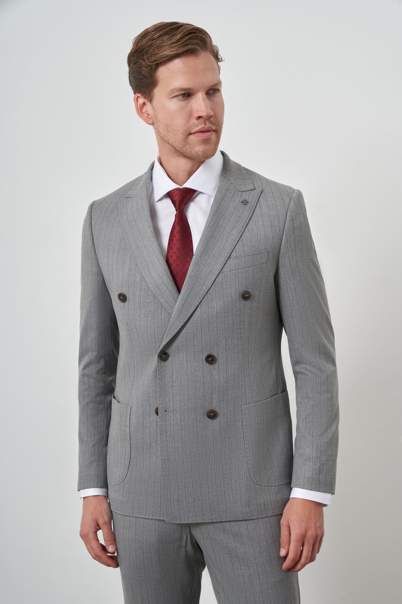 Morven Erkek Gri Poliviskon Trend Kruvaze Çizgili Desen Slim Fit Sivri Yaka Takım Elbise